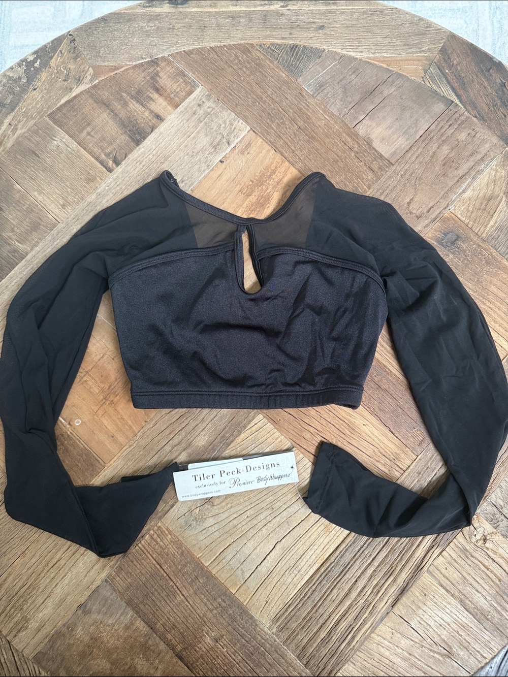 Black Long-Sleeve Mesh Crop Top with Keyhole - Unbranded